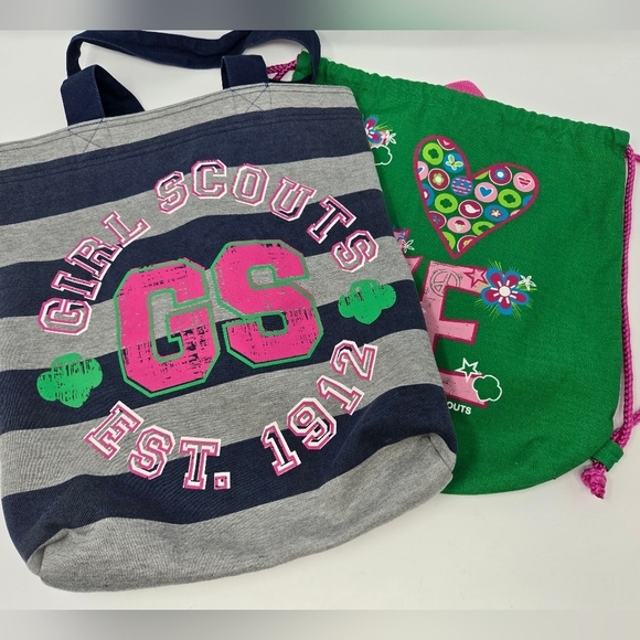 GIRL SCOUTS LOT OF 2 TOTE BAG & BACKPACK GREEN & PINK COTTON BLEND BRIDGING GIFT - Picture 1 of 15